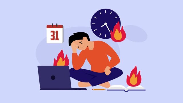 Stressed Businessman Facing Work Burnout with Laptop and Looming Deadlines cartoon animation