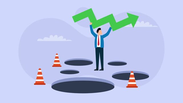 Businessman Holding Growth Arrow While Navigating Financial Pitfalls and Risks cartoon animation
