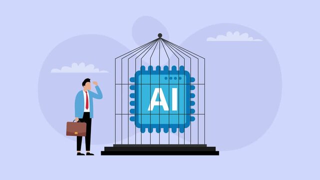 Artificial Intelligence Safety and AI Regulation Concept Illustration with Businessman Looking at AI Chip inside a Birdcage cartoon animation
