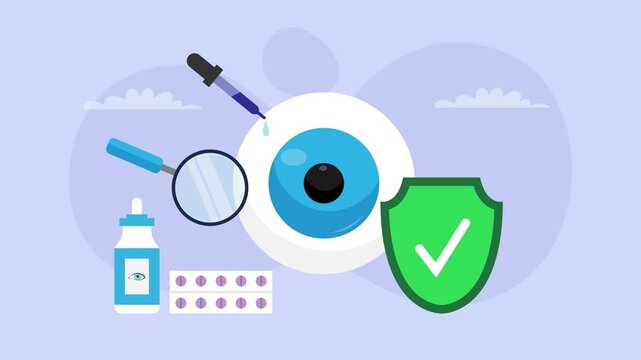 Comprehensive Eye Care Concept with Ophthalmology Tools, Eyedrops, and Protective Shield cartoon animation