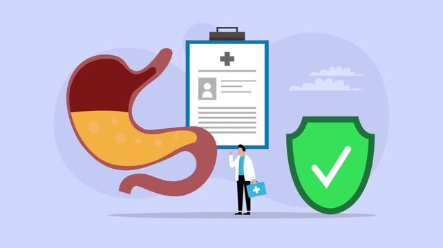 Digestive Health and Gastroenterology Concept with Human Stomach, Doctor, and Medical Report cartoon animation