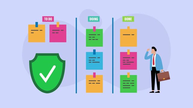 Businessman Managing Project Tasks with Kanban Board and Secure Data Shield Protection cartoon animation