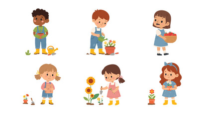 Fototapeta premium Cute Kids Gardening Set – Children Planting Flowers, Watering Plants and Harvesting Apples Vector Illustration