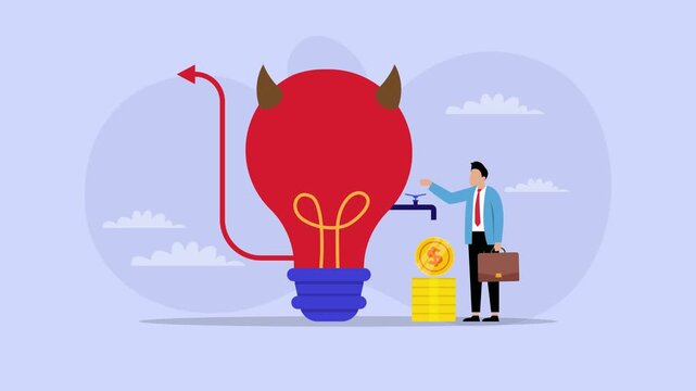 Devil Bulb Idea and Risky Monetization Concept with Businessman Turning Cash Faucet cartoon animation