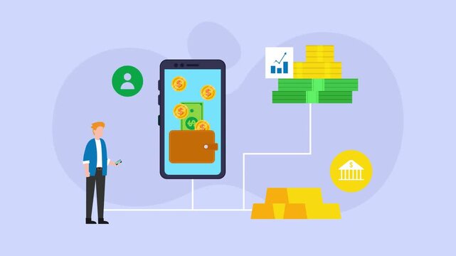 Man Managing Digital Wealth and Gold Investment Portfolio | Mobile Banking and Fintech Asset cartoon animation