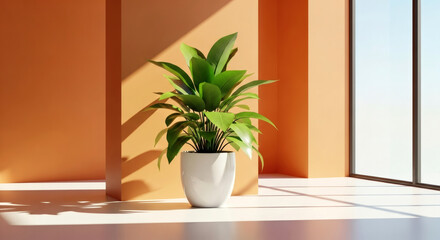 Fototapeta premium A potted green plant sits in a modern room with orange walls and large windows letting in natural light and shadows on the floor.