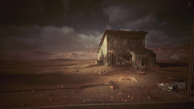Bleak wooden shack in red desert, stormy sky and scattered debris, rusted car carcass near windbent pole, cinematic dusk lighting, weathered textures