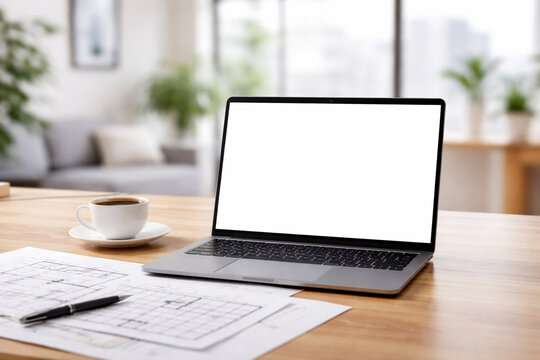 Architect workplace with empty computer screen, construction plans and black coffee, concept of engineering and design.