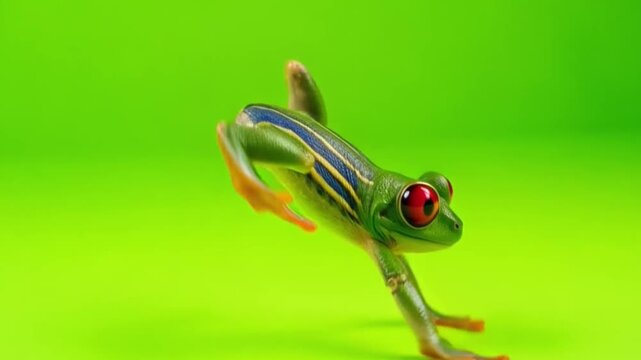 Close-up of Colorful Red-Eyed Tree Frog on Vibrant Green Background