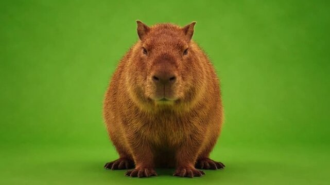 Large rodent capybara sitting calmly on bright green background displaying texture and unique features of its fur