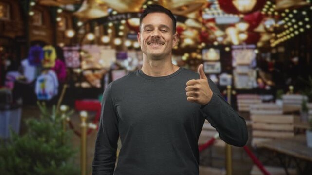 Hispanic man with moustache smiling and giving thumbs up on a busy street market among wooden stalls and string lights; approval.
