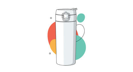 Obraz premium Sleek white insulated travel mug or thermal water bottle shown against an abstract background of colorful circles and lines.