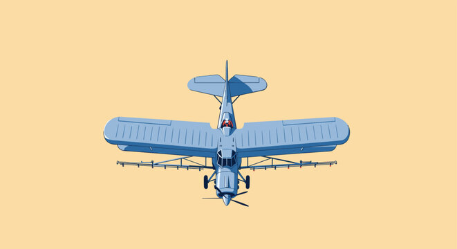 Top down perspective of a light blue vintage biplane aircraft used for agricultural crop dusting and light transport duties.
