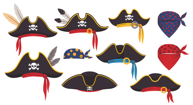 Selection of different pirate headgear including bicorne hats with skull and crossbones emblems and colorful knotted bandanas.