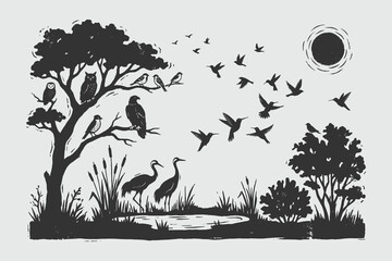 Fototapeta premium Diverse Wild Birds Nature Silhouette Illustration with Textured Details