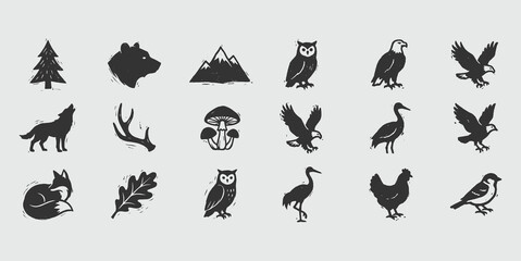 Fototapeta premium Handcrafted Nature Icons Collection - Rustic Linocut Forest & Wildlife Silhouettes