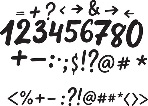 Hand Drawn Marker Numbers Punctuation Symbols Typography Set with vector illustration
