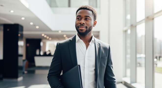 confident young businessman in modern office with natural lighting and large windows