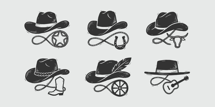 Vintage Woodcut Cowboy Hat Icons Set - Wild West Emblems Collection