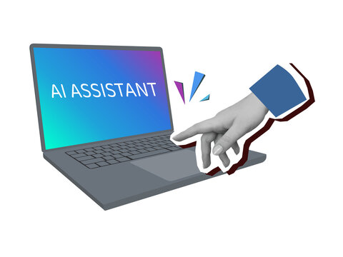 Black and white hand pressing a button on a laptop keyboard to start an AI assistant. Modern collage style. Illustration on a transparent background