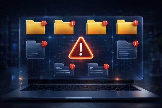 Warning signs on computer files indicating potential cyber threats or data breaches