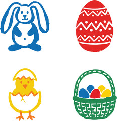 Vibrant Neo-Minimalist Easter Icons - Textured Bunny, Egg, Chick & Basket Set © blackplatesart
