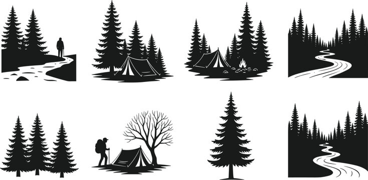 Black vector silhouette set of outdoor camping scenes featuring tents campfires hikers pine forests and winding rivers for nature travel and wilderness adventure branding (24 words)