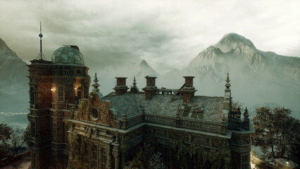 ancient fortified manor beneath moody sky, battlemented rooftops and chimneys, mountain stronghold vibe ideal for historical reenactment, documentary © icetray