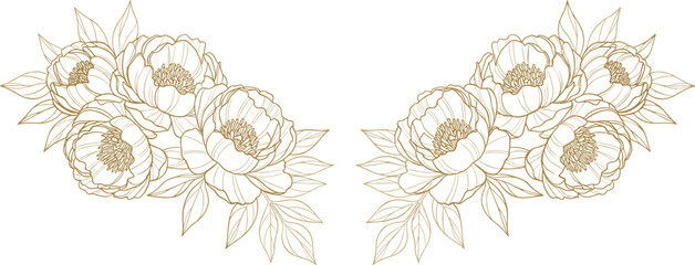 Elegant gold peony floral line art illustration with symmetrical botanical bouquets for wedding invitations, luxury branding, greeting cards, and decorative borders © Rubel