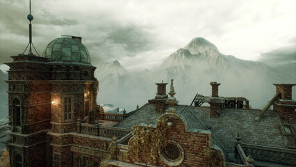Ornate rooftop relief framing misty peak, carved stone ornamentation, weathered masonry, small chimneys and balustrades, cloudy sky with distant mountain © icetray