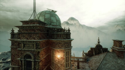 weathered watchtower overlooking snowy mountain pass, dusk mist curling around chimney stacks, vigilant sentinel mood, historic stone facade and broken rooftop © icetray
