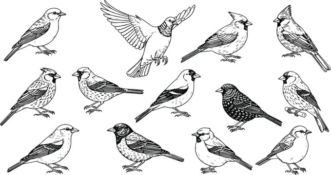 Hand drawn botanical wildflower meadow border and bird sketches including poppy sunflower daisy tulip and sparrow line art vector illustrations set.