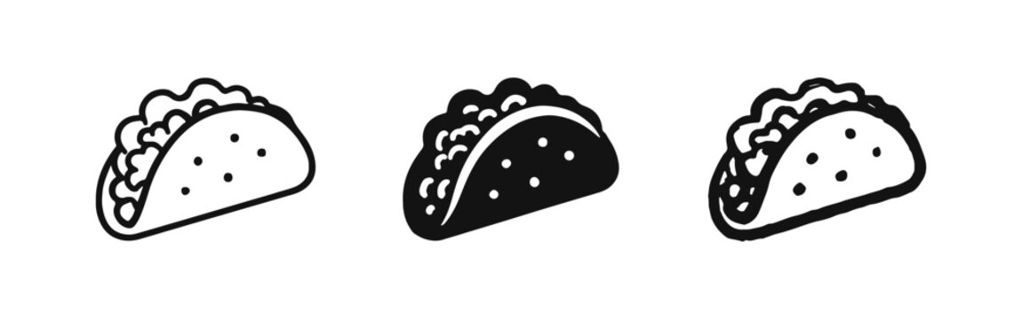 Tacos icon set in various styles: outline, glyph, and hand-drawn. Mexican food symbols for menu and apps.