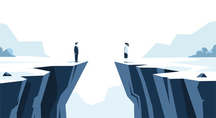 Fototapeta premium A businessman and a businesswoman stand on opposite sides of a large rocky chasm in a blue and white landscape.