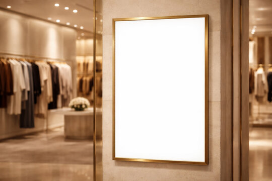 Blank illuminated poster frame mockup inside a luxury fashion boutique store.
