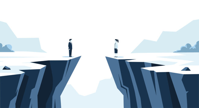 A businessman and a businesswoman stand on opposite sides of a large rocky chasm in a blue and white landscape.