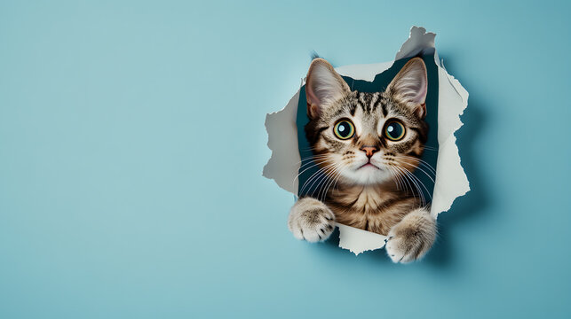 Curious little cat emerging from torn paper