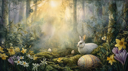Naklejka premium Enchanting watercolor Easter bunny in magical spring forest with hidden painted eggs and blooming daffodils, whimsical woodland landscape with soft morning sunlight for holiday greeting card design