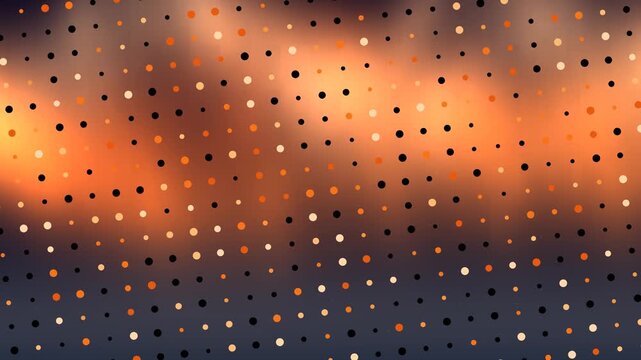 Orange/black dot pattern on gradient sunset sky, speckled with small white dots