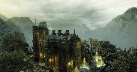 Gothic mountain fortress shrouded in mist, battered by storm clouds and dimly lit by scattered lanterns. Ancient stone walls and crenellated battlements rise © icetray