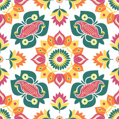 vector seamless repeating rangoli pattern in flat vector style. The design features symmetrical geometric shapes, floral motifs, peacocks, lotus flowers, and traditional oil lamps (divas).