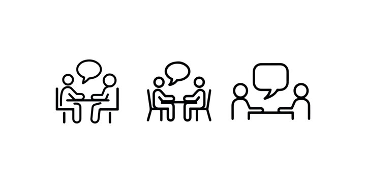 Two people icons sitting at table having conversation business meeting discussion chat dialog icon set with speech bubbles isolated on white background vector illustration