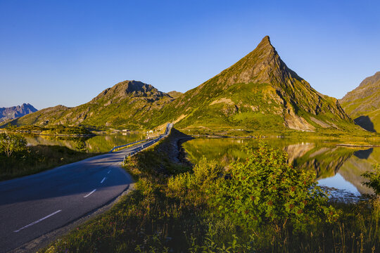 Fredvang bridges connecting fjords lofoten island Norway