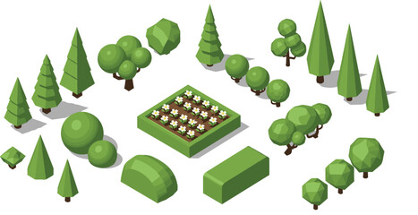 Isometric forest landscape vector illustration with various trees, bushes and farm garden elements for game design © MdSoidur