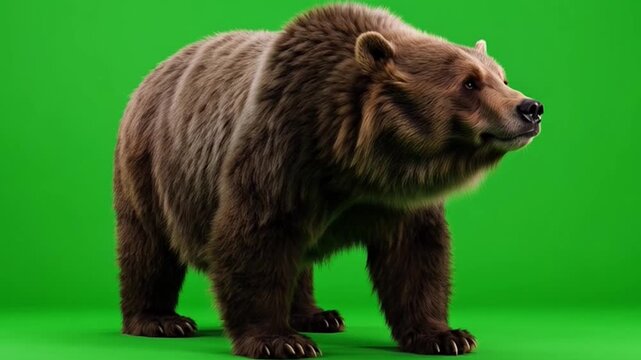 Realistic depiction of a large brown bear standing on a vibrant green background close-up view showcasing textures and details