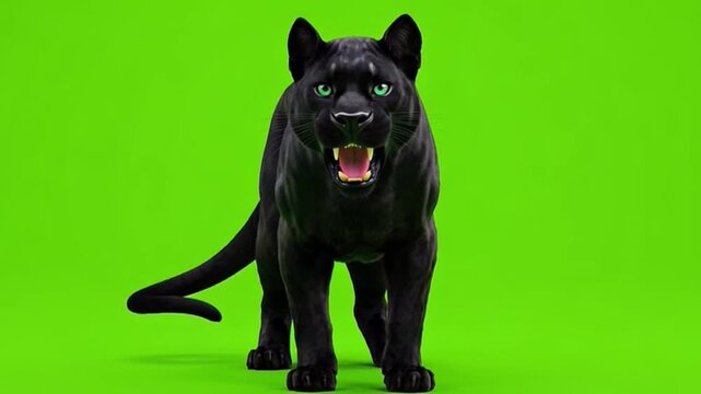 Majestic black panther with piercing blue eyes standing confidently on a bright green background