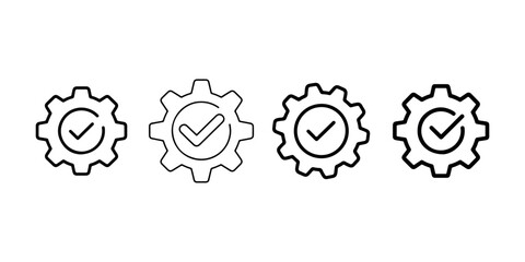 Four outline icons of gears with checkmarks inside set against a white background symbolizing successful process and quality control measures