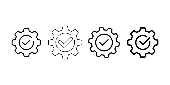 Four outline icons of gears with checkmarks inside set against a white background symbolizing successful process and quality control measures