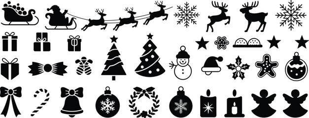 Black silhouettes of Christmas elements set, Santa Claus with reindeer sleigh, xmas trees, snowman, bells, and holiday ornaments isolated on white. © Md Baccu