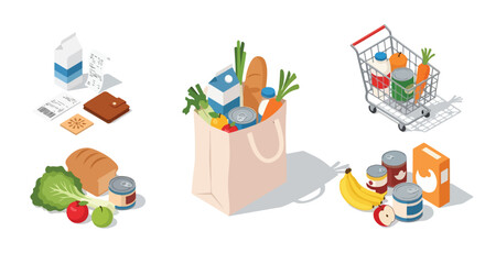 Obraz premium Flat lay illustration of grocery items including vegetables, fruits, and canned goods arranged around a shopping bag and cart on a white background.